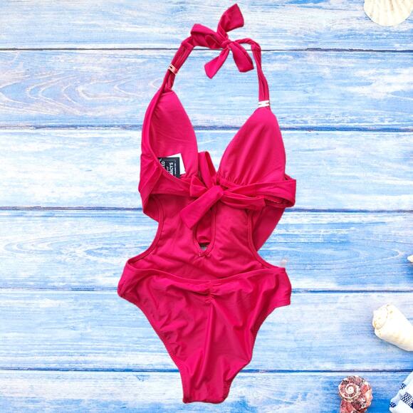 NEW bar III Plunge Cowl Neck One Piece Swimsuit XS Ruby Pink Cutout Monokini - Picture 9 of 9